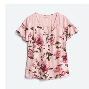SKIES ARE BLUE "Bedelia" Flutter Sleeve V-Neck Blouse - Pink Floral, Size XXL